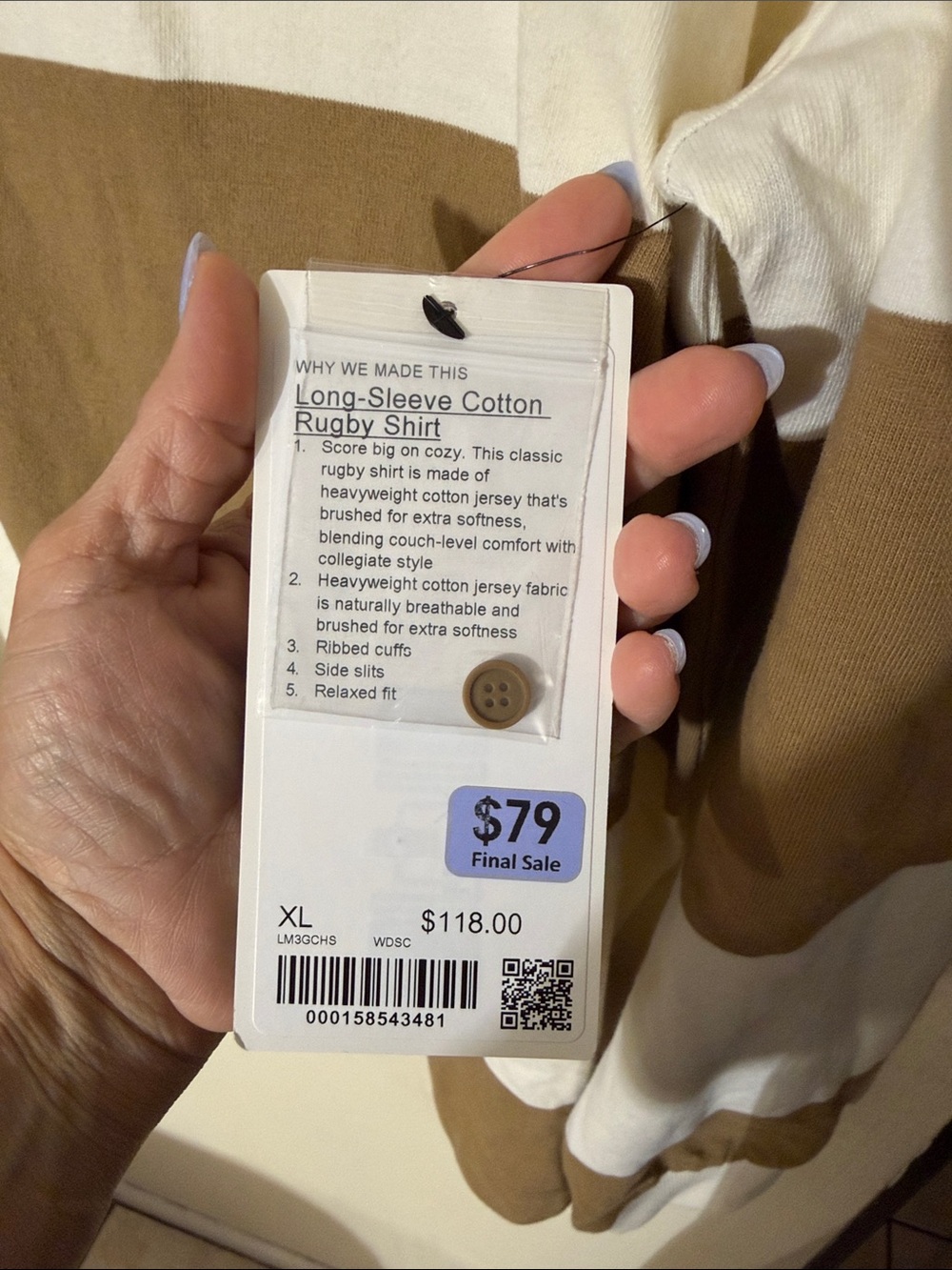 Lululemon-Long-Sleeve Cotton Rugby Shirt-Wide Stripe Camel Brown Coconut Ivory - Picture 7 of 9